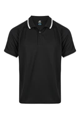 A black polo shirt featuring contrasting white details, designed for men. It has a logo on the collar.