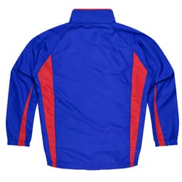 A blue tracktop featuring red side stripes and a high collar. It has a logo on the back.