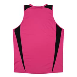 A pink singlet with black accents, featuring a logo on the back.