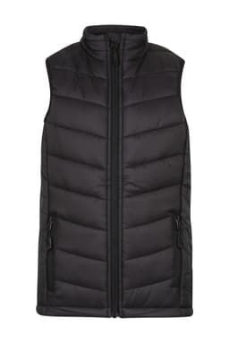 A black padded vest with a high collar and zip-up front, featuring side pockets and a logo.