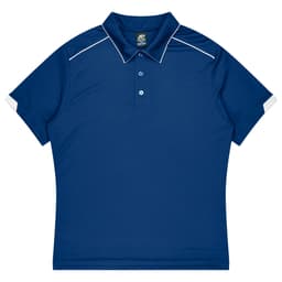A navy blue polo shirt with a collared neck and contrasting white detailing on the sleeves. It features a logo.