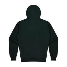 A dark green hoodie featuring a kangaroo pocket and a hood, with a plain back view.