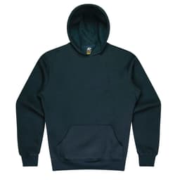 A dark green hoodie featuring a front pocket and a lined hood, with a logo on the interior label.