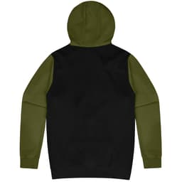 A hoodie featuring a black body and green sleeves, with a hood and a branded logo.