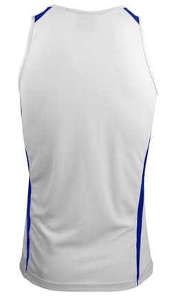 A white singlet with blue side accents and a logo on the back.