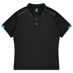A black polo shirt with blue accents, featuring a collar and buttons, designed for sports uniforms.