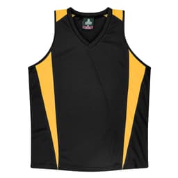 A black singlet with yellow side panels and a v-neck design. It features a logo on the upper section.