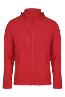 A red jacket with a zip front, adjustable hood, and zippered pockets, featuring a logo on the chest.