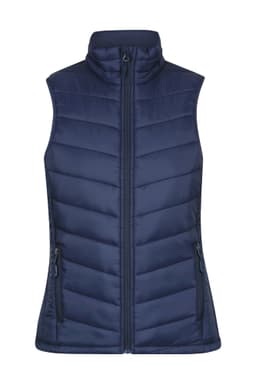 A navy blue quilted vest with a high collar and two zippered pockets, featuring a logo.