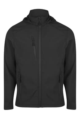 A black jacket with a zippered front, hood, and multiple pockets. It features a logo on the chest.