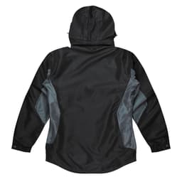 A black jacket with grey panels and a hood, featuring a logo on the back.