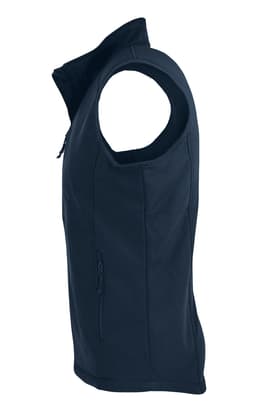 A navy blue men's vest with a side zipper pocket, featuring a sleek, sleeveless design and a logo.