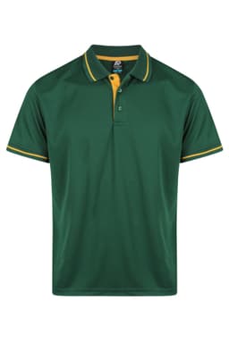 A green polo shirt with yellow accents and a logo on the chest area.
