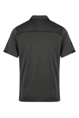 A dark green polo shirt with a classic collar and short sleeves, featuring a logo on the back.