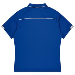 A blue polo shirt with short sleeves and a contrasting trim, featuring a logo on the back.