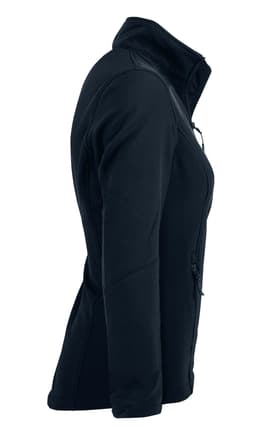 A soft shell jacket in navy blue, featuring a zippered front and a fitted design. It has branding visible.