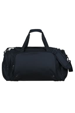 A black duffle bag with multiple zipped compartments and a detachable shoulder strap, featuring a logo.