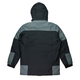 A jacket featuring a dark green and grey colour scheme, with a hood and elastic cuffs. It has a logo on it.