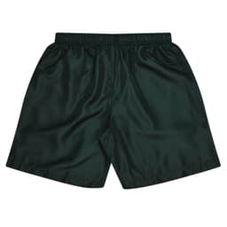 A pair of dark green sports shorts featuring an elastic waistband and a smooth finish.