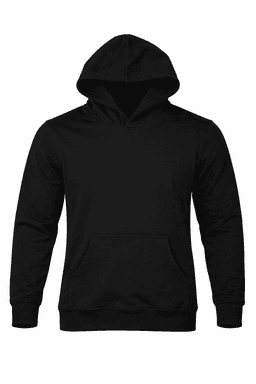A black hoodie featuring a front pocket and a hood. Includes a logo on the chest area.