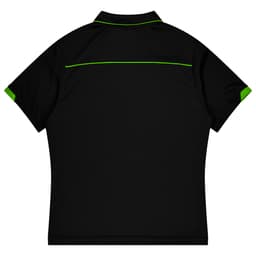 A black sports polo shirt featuring green accents and a logo on the collar.