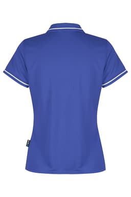 A blue polo shirt with a collar and contrasting trim, featuring a branding logo. Back view displayed.
