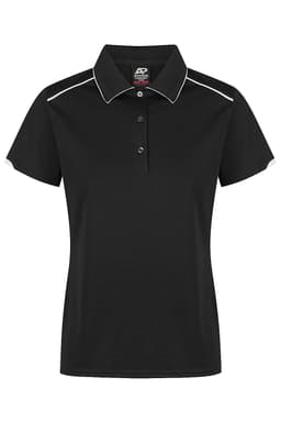 A black polo shirt with a collared neckline, featuring contrasting edging and a logo.