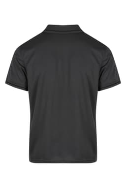 A black polo shirt with a classic collar and short sleeves, featuring a logo on the chest.
