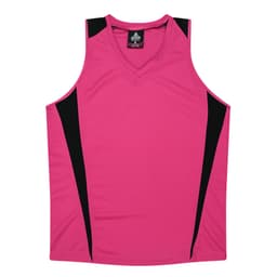 A pink singlet with black accents and a v-neck design, featuring a logo. 