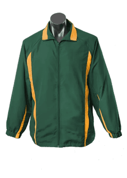 A green track jacket with yellow stripes, featuring a front zip and a collar. It has a logo on the chest area.