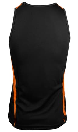 A black singlet featuring orange side panels and a logo. Suitable for sports or casual wear.