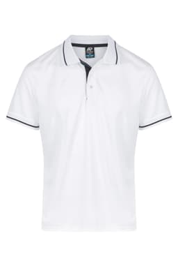 A white polo shirt with a contrasting navy collar and sleeve trim, featuring a logo on the chest.
