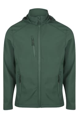 A green jacket with a full zipper and multiple pockets, featuring a hood and a branded logo.