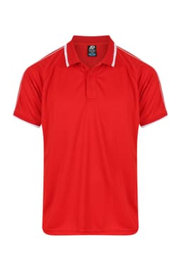 A red polo shirt with white stripes on the sleeves and a branding logo on the collar.