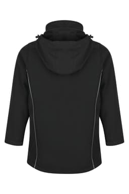 A black jacket with a hood, featuring zip details and a simple design. It has a logo on the garment.