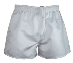White rugby men's shorts featuring an elastic waistband and a drawstring, with a logo on the front.