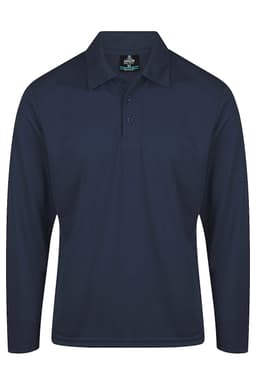 A men's long-sleeve polo shirt in navy blue with a collar and three buttons, featuring a logo.