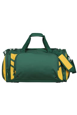 A green and yellow duffle bag with multiple zip compartments and a shoulder strap, featuring a logo.