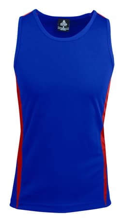 A blue singlet with red side panels, featuring a logo on the inside label.