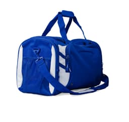 A blue duffle bag with white accents, featuring zippered pockets and adjustable straps. It has a logo.