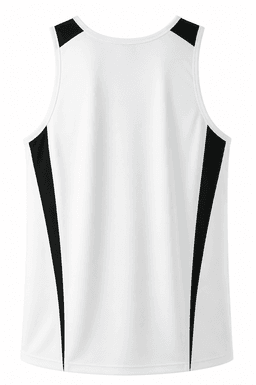 A white singlet with black side panels and a logo on the back. Suitable for casual or athletic wear.
