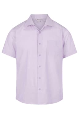 A short sleeve button-up shirt in light purple with a single chest pocket and a logo.