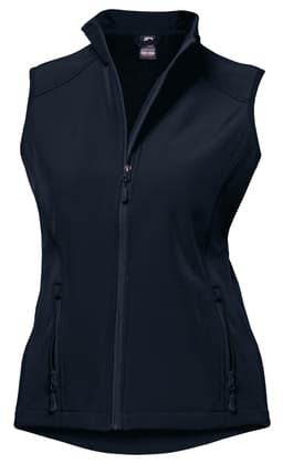 A black vest made from soft material with a high collar and zippered front and side pockets, featuring a logo.