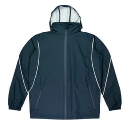 A dark navy jacket with a hood, featuring light reflective trim and zippered pockets. It has an incorporated branding logo.