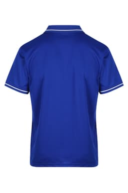 A blue polo shirt with contrasting white trim and a logo on the chest, featuring a classic style and back view.