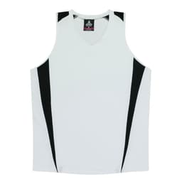 A white singlet with black accents and a v-neck design. The garment has a logo.