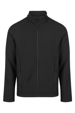 A black soft shell jacket with a zipped front and two side pockets, featuring a logo on the chest.