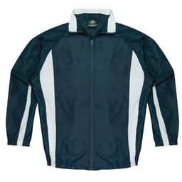 A navy and white tracktop jacket with a zip front and a stand-up collar. It features side panels and has a logo.