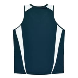 A dark navy singlet featuring contrasting white panels on the sides. The garment has a logo on it.