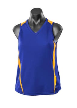 A blue singlet with yellow accents, featuring a v-neck design and a logo. Ideal for activewear or casual use.